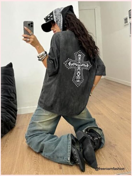 Oversized Y2K Gothic Rhinestone Graphic Tee Half Sleeve Vintage Streetwear - Picture 2 of 4